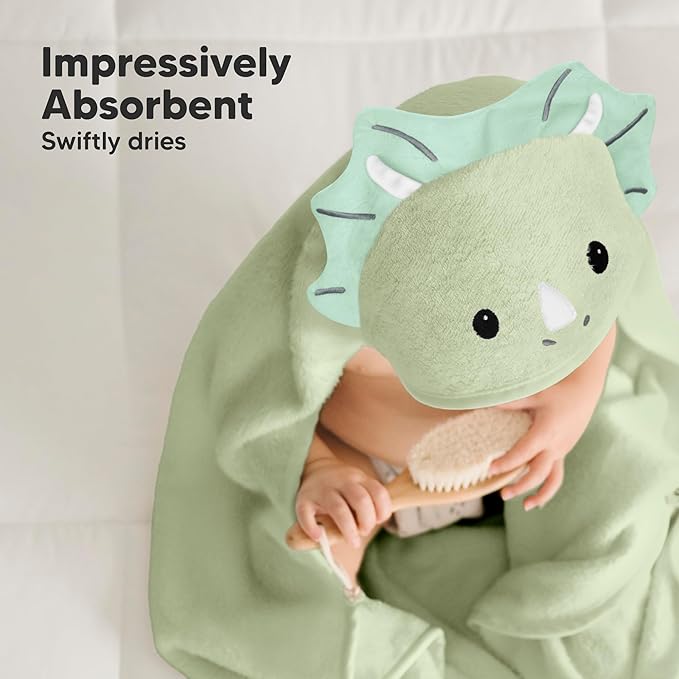 KeaBabies Hooded Baby Towel for Newborn - Viscose Derived from Bamboo Large Baby Bath Towels with Hood for Boys, Girls, Toddler, Extra Absorbent & Soft Newborn Bath Essentials (Triceratops)