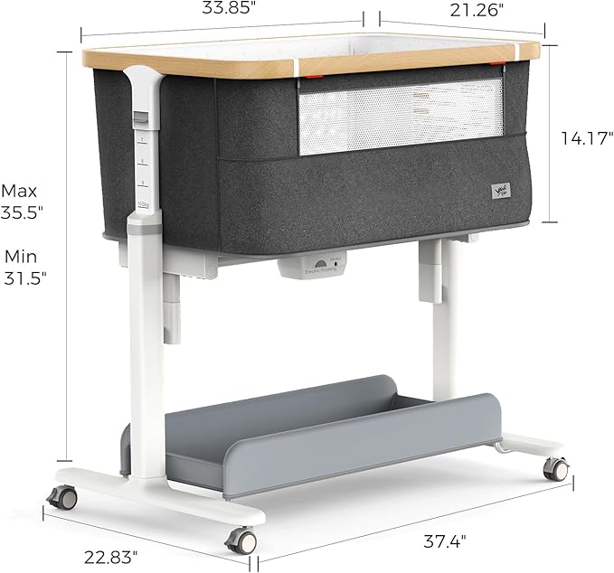 Rocking Bassinet for Baby Electric Automatic Bedside Sleeper Rocks Itself 3 Motion Auto Rolling Newborn Cradle 5 Height Adjustable with Music, Wheels, Storage, Dark Grey