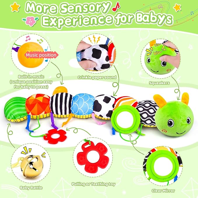 Baby Toys 0 to 12 Months, Stuffed Animal Infant Tummy Time Toys Sensory Toys with Crinkle, Rattles, Textures and Mirror Gifts for Newborn Boy Girls Toddlers, Caterpillar Musical Toy (Green)