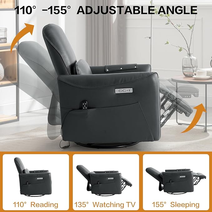 Genuine Leather Modern Electric Swivel Glider Power Recliner Chair with USB and Type-C Ports for Living Room, Power Lift Function, Grey