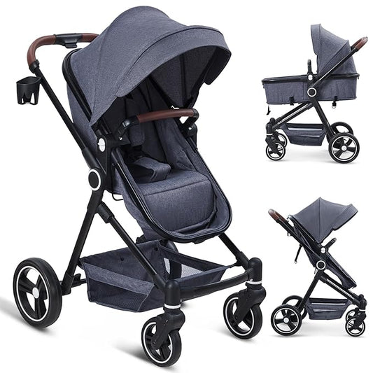 2 in 1 Baby Stroller for Toddler 0-3, Bassinet Stroller for Toddler and Newborn with Large Storage Basket, Shock Absorbing, Removable Seat, Cup Holder