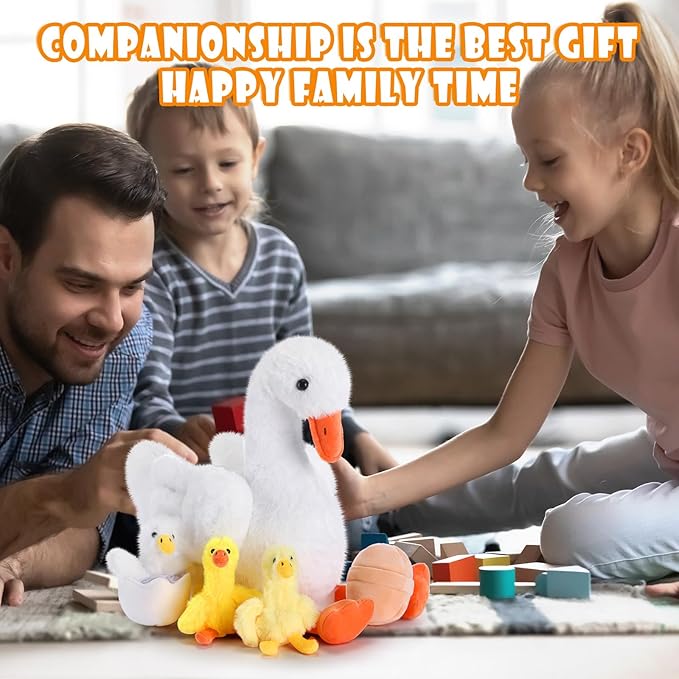 HyDren 5 Pcs Goose Stuffed Animal Family Plush Toy Gift One Silly Goose Birthday Decor Kid Kindergarten Back to School Classroom Cute 10 Inch Mommy with 3 Cute Babies in Her Belly Soft Cuddly Plushie