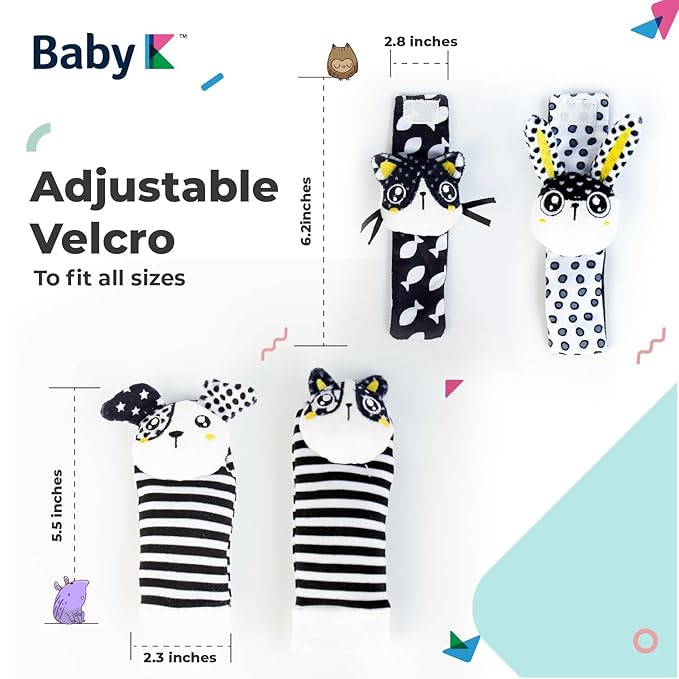 BABY K Rattle Socks & Wrist Rattles and Hand Rattle (Set G+ Dog A) - Newborn Toys for Baby Boy or Girl - Brain Development Infant Toys - Hand and Foot Rattles Suitable for 0-3, 3-6, 6-12 Months Babies