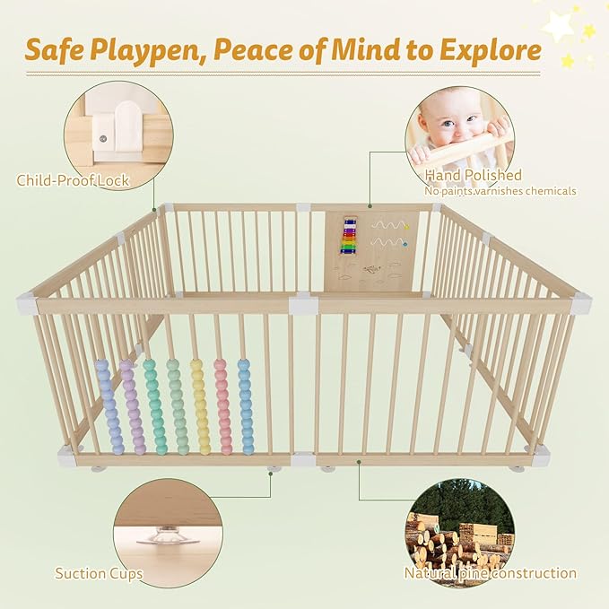 Large Wooden Baby Playpen for Babies and Toddlers, Adjustable Play Yard with Anti-Slip Base, Locking Gate & Easy Assembly, Indoor Kids Activity Center Safety Play Fence 63.5×63.5