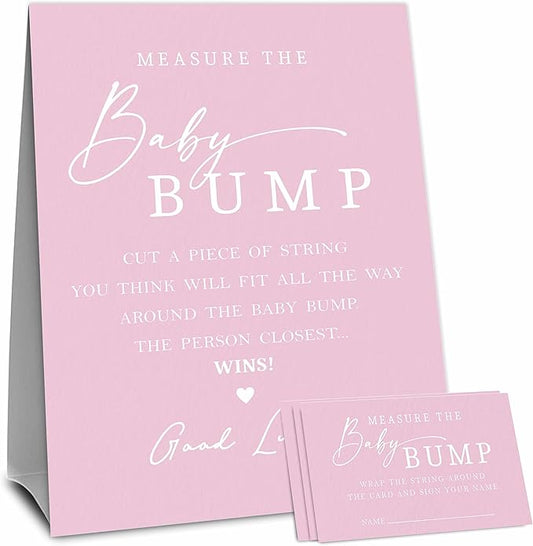 Pink Baby Shower Measure The Baby Bump, Measure Mommy's Belly Game Set - 1 Self-Standing Sign And 50 Tickets - Gender Reveal, Baby Shower, Baby Announcement Activity & Party Favor Supplies - A09