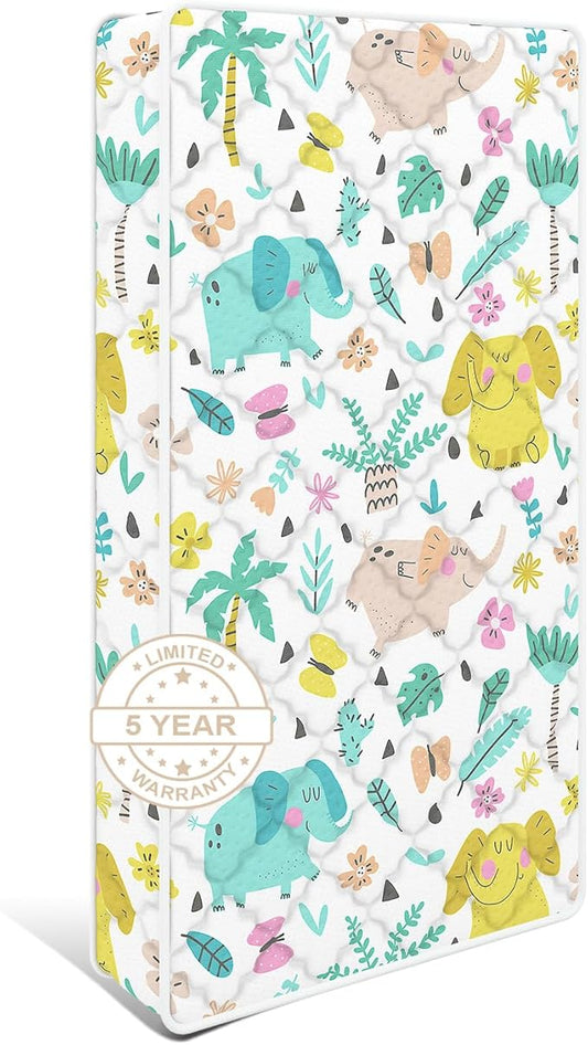 5" Crib & Toddler Mattress, 52x27.5 Breathable Knitted Fabric Cover, CertiPUR-US Certified Foam, Edge Reinforcement, Fits Standard Size Crib and Toddler Bed, Elephant