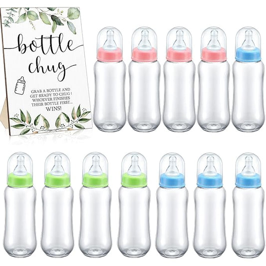 Roowest Bottle Chug Baby Shower Game Favors 12 Pcs Baby Bottles Shower Favor with 1 Wooden Sign for Gender Reveal Party Supplies Gifts(Green Leaves)