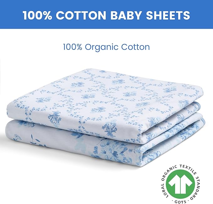 Delta Children Fitted Crib Sheets for Girls and Boys - 100% Organic Cotton Crib Sheet for Standard Crib and Toddler Mattresses - 28x52 Inch - GOTS Certified (Pack of 2), Blue Botanicals