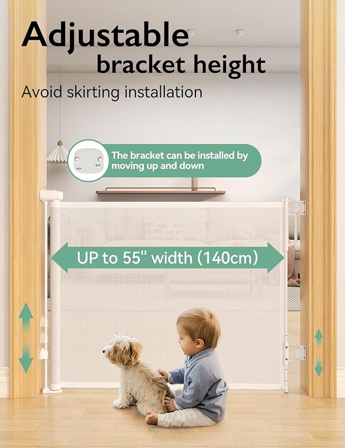 Momcozy Auto Lock Retractable Baby Gate, Safety Gate for Baby and Pet, 33” Tall, Extends to 55” Wide, Mesh Safety Dog Gate for Stairs, Indoor, Outdoor, Doorways, Hallways