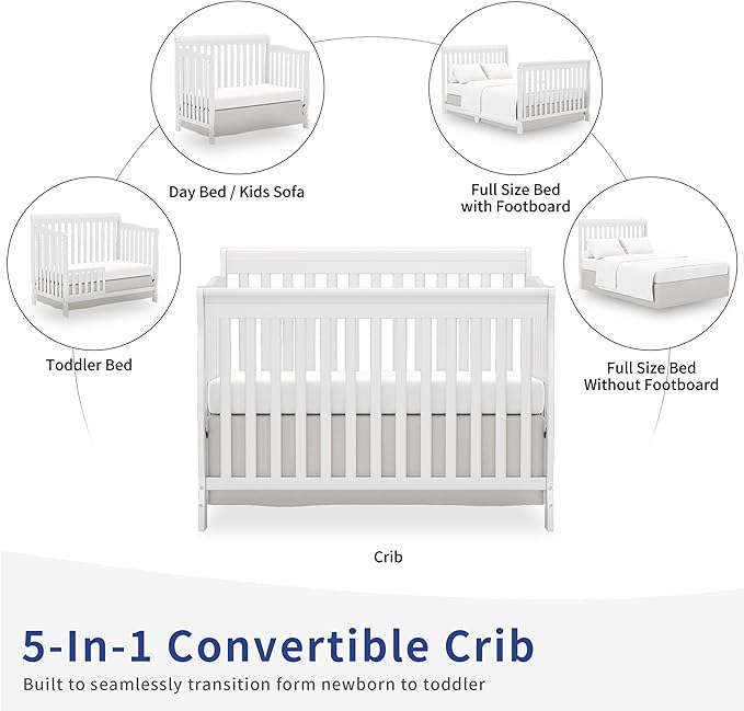 Baby Crib 5-in-1 Convertible, Wooden Cribs Converts to Toddler Bed, Daybed and Full-Size Bed, Nursery Furniture with Non-Toxic Finishes (White)