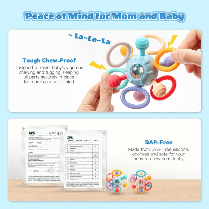 Baby Teething Toys for 0-6 6-12 Months, BPA Free Food Grade Silicone Teether, Infant Sensory Chew Rattles Toys, Gifts for Infant Newborn Boys Girls 0 3 6 9 12 18 Months, Blue