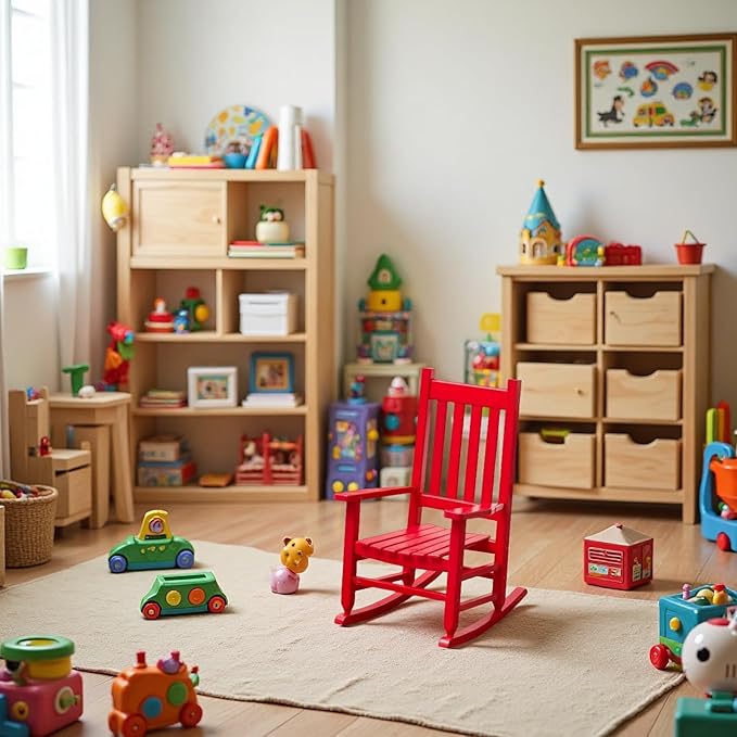 Kid Rocking Chair ChildToddler Small Baby Wooden Comfy Rocker Chairs Furniture for Nursery Bedroom Livingroom Outdoor Reading Room, Ages 6-10, Red