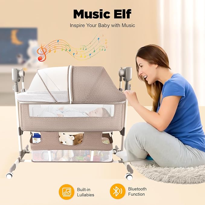 CNCEST Smart Electric Baby Bassinet Bedside Sleeper,Music Play,Automatic Cradle with 3 Speed Timing,5 Speed Wobbling,Portable Baby Bed Height Adjustable Crib,Nets+Mattresses