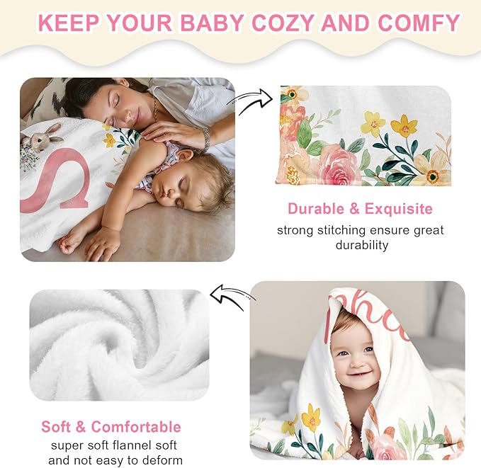 Ship Next Day, Personalized Baby Blanket for Boys Girls - Printed in USA, Custom Baby Blanket with Name Super Soft Plush Flannel, Easter Christmas Brithday Gifts for Baby Shower Kids Toddlers Newborn