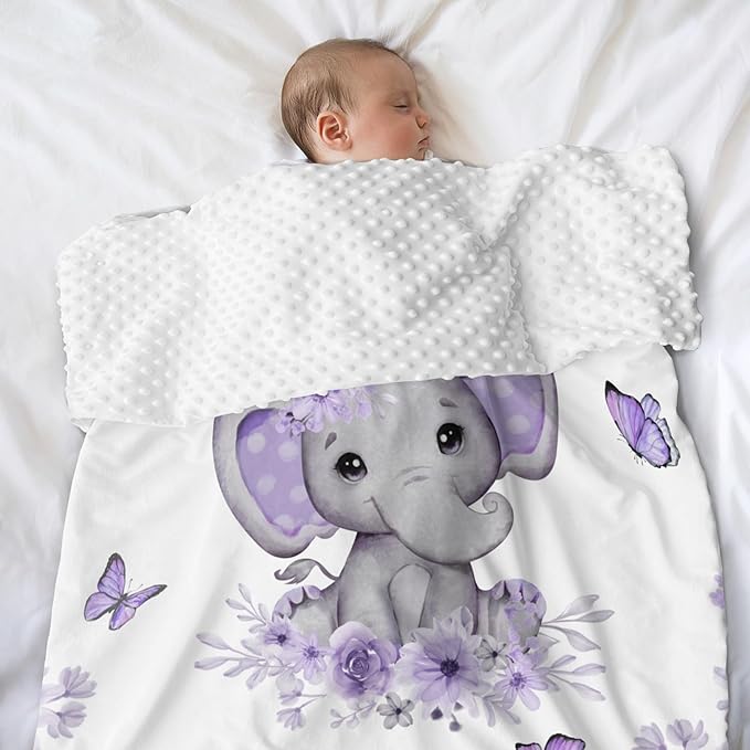 Personalized Baby Blanket for Girls Elephant Custom Baby Blankets with Name Dotted Backing Customized Gifts for New Mom Customize Baby Blanket for Kids Newborn Birthday Purple