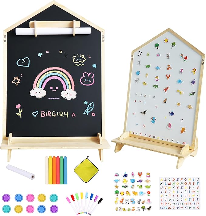 Double-Sided Magnetic Drawing Board for Kids- Chalkboard & Magnetic Whiteboard, Wood Frame Art Easel Board with Detachable Roller