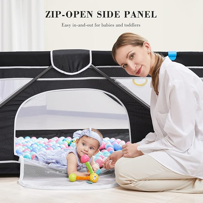 ANGELBLISS Baby Playpen, Foldable Playpen for Babies and Toddlers, Indoor & Outdoor Baby Activity Center with Visible Breathable Mesh, Portable Play Yard with 2 Handlers+50 Balls (Black, 71 * 79)