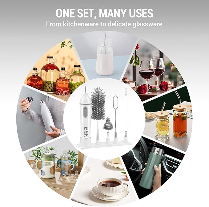 Travelling Electric Bottle Brush Set, Baby Bottle Brush Set, Long Handle Bottle Brush, BPA Free Silicon Bottle Brush, Storage Stand, Milk Mixer, Egg Whisk Included (Gray, Normal)