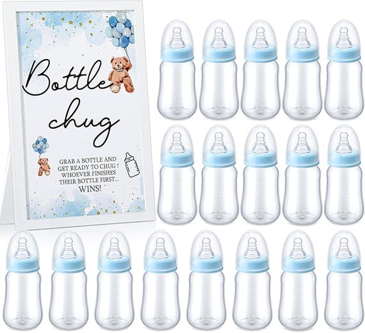 Roowest Bottle Chug Baby Shower Game Favors Including Blue Butterfly Theme Wooden Sign and 18 Pcs Baby Bottles for Gender Reveal Party Supplies