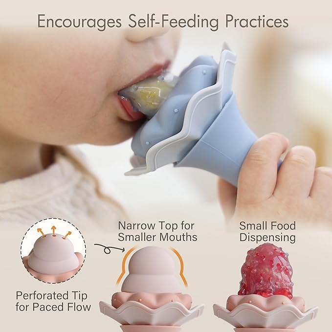 Moonkie Baby Fruit Feeder, BPA Free Silicone Food Feeder for Infant Self Feeding, Baby Shower Gifts for Teething Relief, Baby Feeding Essentials 4 Months+, Two Pouches, 2 Pack
