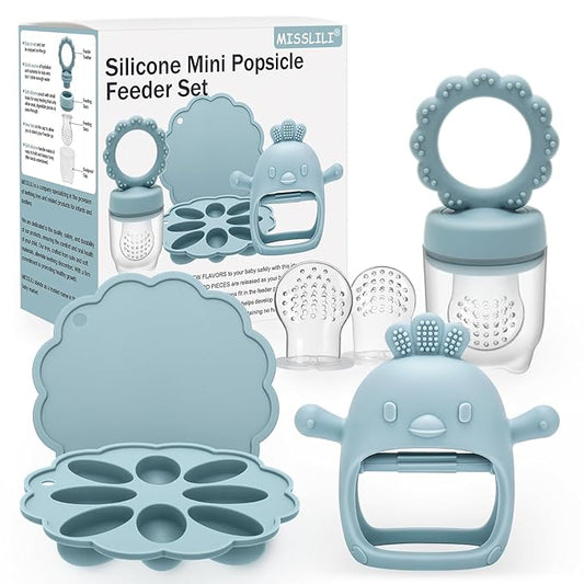 Baby Silicone Fruit Food Feeder Pacifier & Breastmilk Popsicle Freezer Molds,BPA Free Food Storage Containers Frozen Ice Tray for Babies Feeding Safely, Infant Fruit Teething Toy (Blue)
