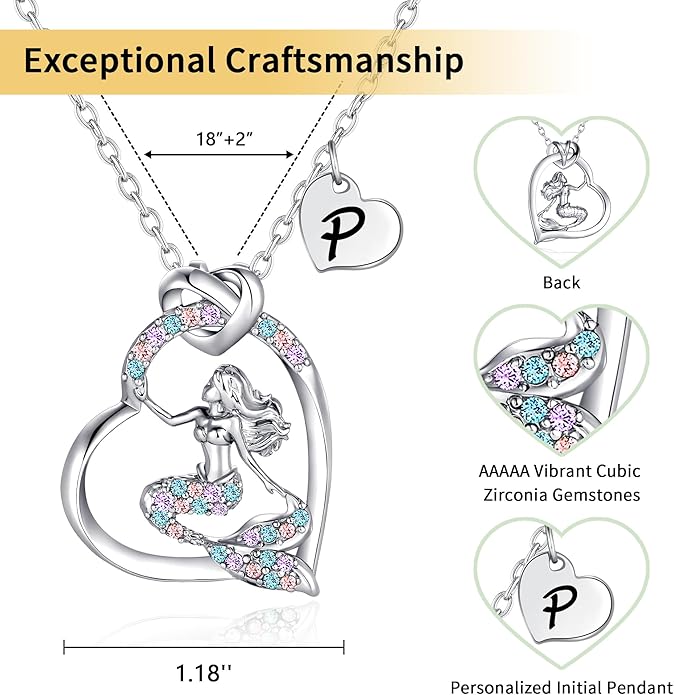 K-Acc 14K Gold-Plated Mermaid Initial Heart Necklace - Gifts for Girls