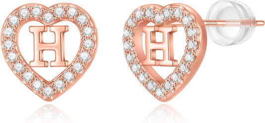 Initial Heart Earrings for Girls, Sterling Silver Post Silver/Rose Gold Heart Initial Stud Earrings for Little Girls Kids Baby Earrings Non Tarnish Hypoallergenic Earrings for Teen Girls Gifts Jewelry