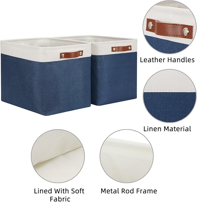 HNIZGE Large Rectangle Basket Fabric Baskets for Organizing [2 Pack] Tall Storage Basket Navy Blue Baskets 16" x 11.8" x 11.8" Shelf Baskets for Storage Linen Closet Organizers (Blue&White)