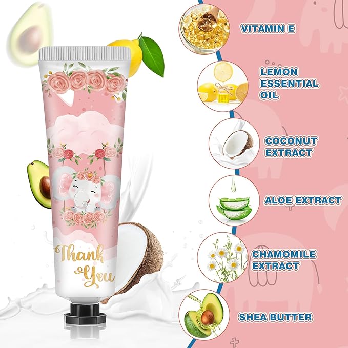 48 Sets Baby Shower Hand Cream Bulk Pink Elephant Baby Shower Favors Bridal Thank You Hand Cream for Guests Travel Size Lotion with Organza Bags