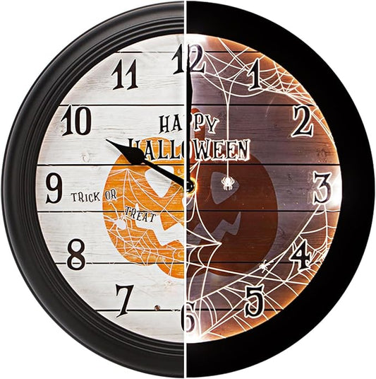 Evelyne Product Image LED Round Wall Clock - 12.5" Happy Halloween Pumpkin Style Dial, Battery Operated, Night-time Sensor - Easy-to-Read Analog for Bedroom, Office & Living Room