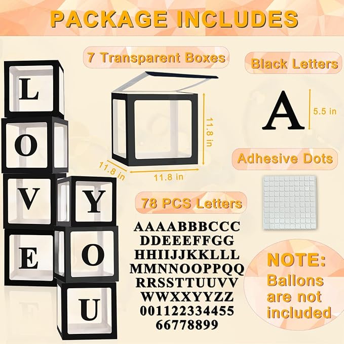 Ledido Black Transparent Balloon Boxes With 78 Letters, Letter Box for Baby Shower Clear Baby Box Black Balloon Boxes for Birthday, Bridal Shower, Graduation Prom Party Decoration, 7 PCS