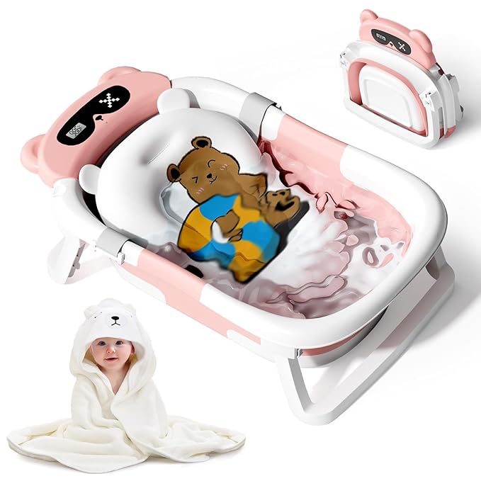 Collapsible Baby Bathtub for Newborn to Toddler (0-18 Month) - Portable Baby Bath Tub for Travel, Newborn Bathtub with Soft Towel and Floating Cushion (Pink)