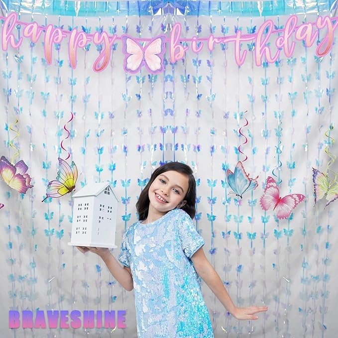 BRAVESHINE Iridescent Hanging Butterfly Foil Fringe Curtain - 2 Pack 3.2x6.6ft Holographic Party Streamers Backdrop for Baby/Bridal Shower/Mermaid/Frozen/Fairy/Princess/Butterfly Birthdays Decorations