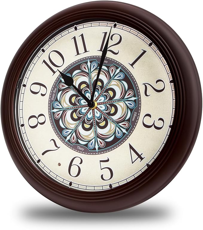 Evelyne LED Round Wall Clock - 12.5" Victorian Style Dial, Battery Operated, Night-time Sensor - Easy-to-Read Analog for Bedroom, Office & Living Room