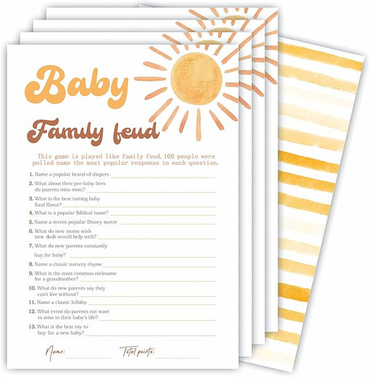 Baby Family Feud Game Set For Baby Shower - Watercolor Sunshine - 30 Double-Sided Fill In Style Game Cards With Answer Cards, Gender Reveal, Baby Announcement, Party Favor & Supplies - B04