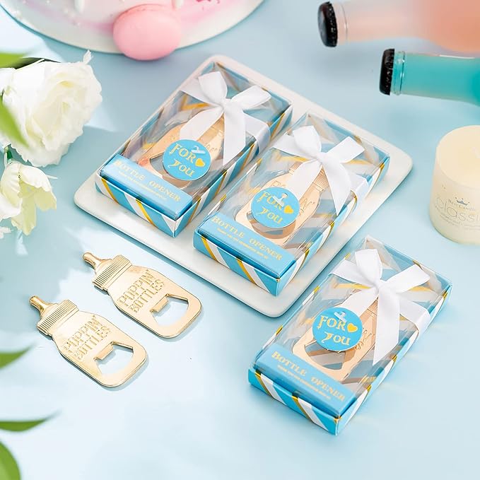24 Baby Bottle Opener Baby Shower Favorites, Gifts, Decorations, or Souvenir Guest Gift Boxes, Poppin Designed for Boys (24 Pack Blue)