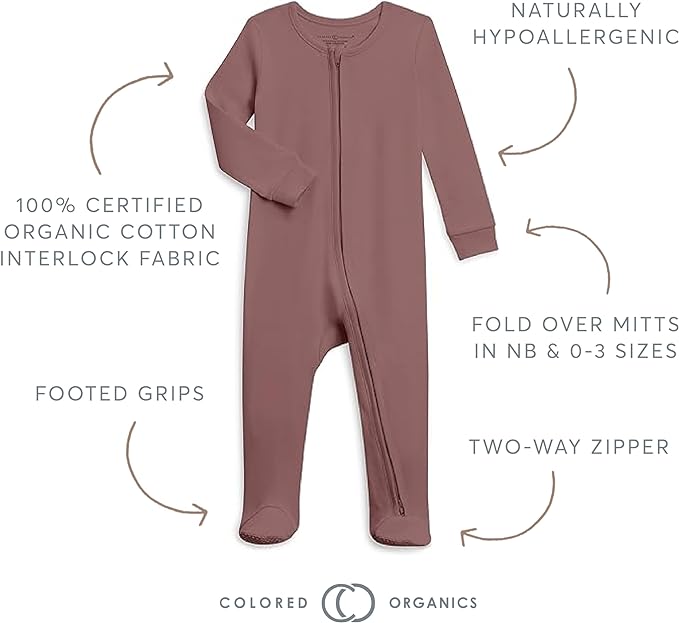 Colored Organics Baby Zip-Up Footed Sleeper with 2-Way Zipper - Newborn Organic Cotton Pajamas
