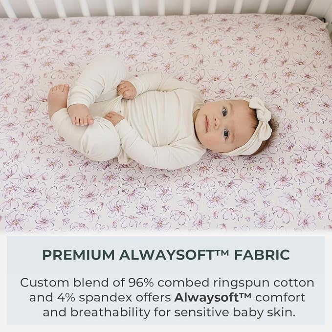 Pobibaby – 2 Pack Pack N Play Sheets and Mini Crib Sheets Fitted, Premium Ultra-Soft Jersey Knit Baby Sheets – Stylish Floral Pattern, Safe and Snug for Standard Playards and Mini Cribs (Blossom)