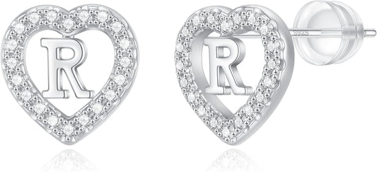 Initial Heart Earrings for Girls, Sterling Silver Post Silver/Rose Gold Heart Initial Stud Earrings for Little Girls Kids Baby Earrings Non Tarnish Hypoallergenic Earrings for Teen Girls Gifts Jewelry