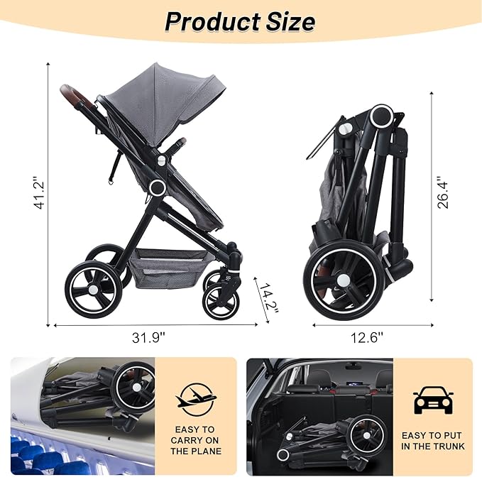2 in 1 Baby Stroller for Toddler 0-3, Bassinet Stroller for Toddler with Large Storage Basket, Shock Absorbing，Stroller for Newborn with Removable Seat, Cup Holder，Stroller That Converts to Bassinet