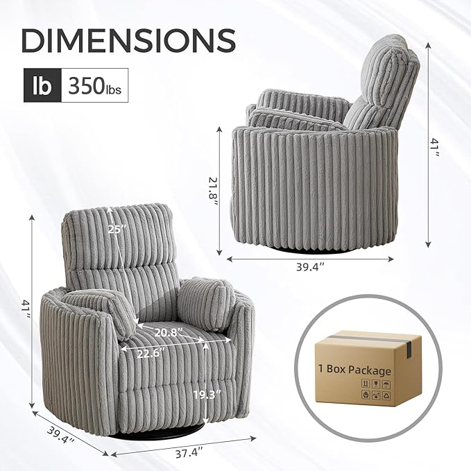 Power Swivel Glider Rocking Recliner Nursery Chair with 2 Pillows, Electric Rocker Reclining Chairs with Type-C & USB Charger Port for Living Room, High Back Barrel Armchair for Bedroom,Corduroy, Grey
