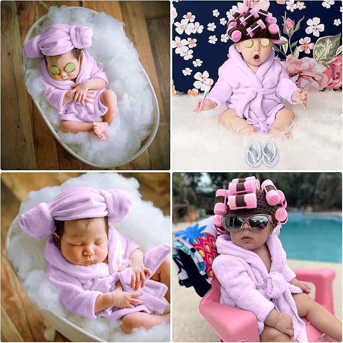 SPOKKI Newborn Photography Props Newborn Girl Photoshoot Outfits Crochet Baby Curler Hat with Makeup Brush for Infant Boys Girls (Purple)