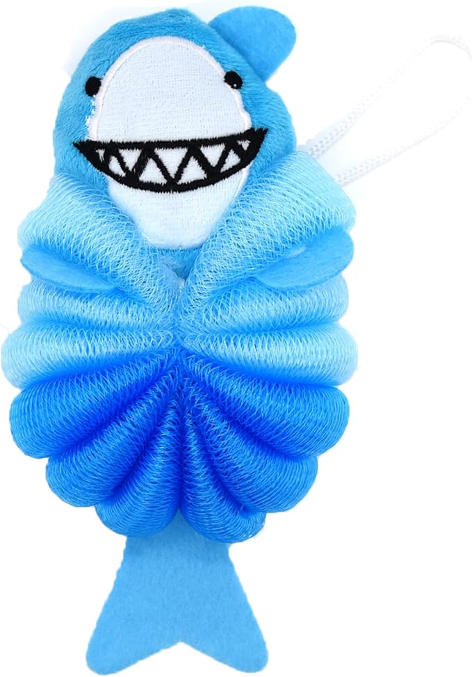 Cute Shark Kids Bath Loofahs Balls for Baby Girls Boys Mesh Shower Ball Pouf Exfoliating Bath Sponge Body Cleaner Bath Accessories (Blue Shark)