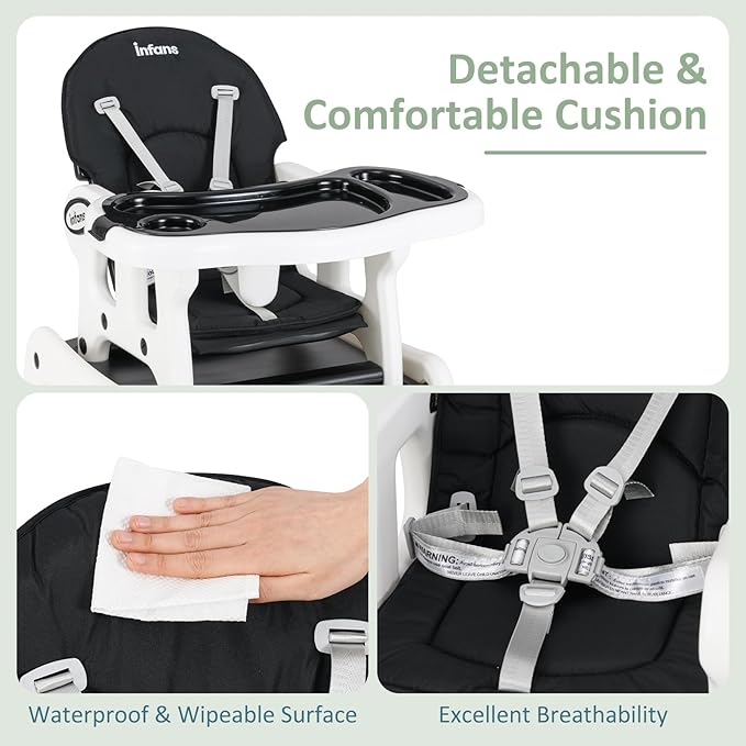 INFANS 5 in 1 Baby High Chair, Convertible Toddler Table Chair Set, Rocking Chair, Multi-Function Seat with Lockable Universal Wheels, Adjustable Seat Back, Removable Trays (Black)