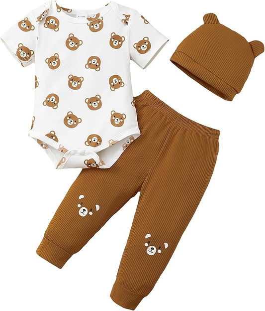 SUNNY PIGGY Baby Boy Clothes Newborn Infant Boys Outfits Romper Hat Pants 3PC Set 0-3 3-6 6-12 12-18 Month Clothing Gift