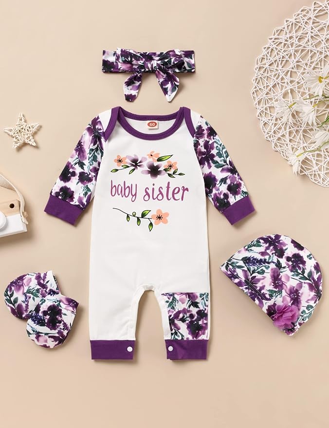 Baby Girl Clothes Patter&Letter Baby Girl Romper with Bow Hat&Headband and Gloves 4Pcs Baby Girl Coming Home Outfit