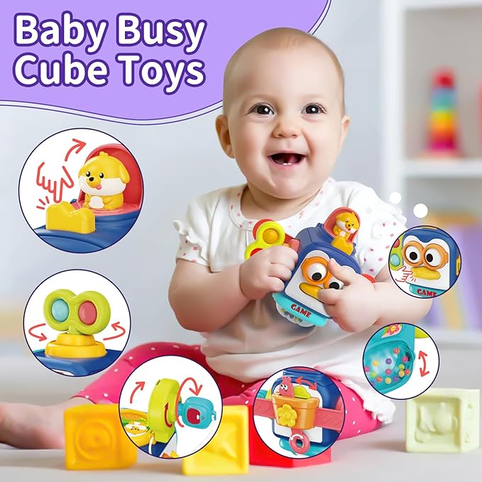 Baby Toys for 1+ Year Old, Busy Board Sensory Toys for Toddlers 1-3, Baby Toy for 12-18 Months, Pull String Teether, Stacking Blocks, 3 in 1 Travel Toy Gifts for 1 2 3 Year Old Boy Girl
