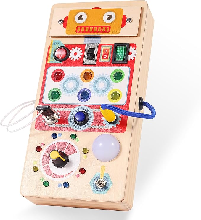 Asweets Montessori Wooden Busy Board Toy for Toddler, Red Robot Sensory Board with 8 LED Shape Light Switches, Travel & Gift Toys for Kids, 3.9''L x 2.0''W x 7.5''H