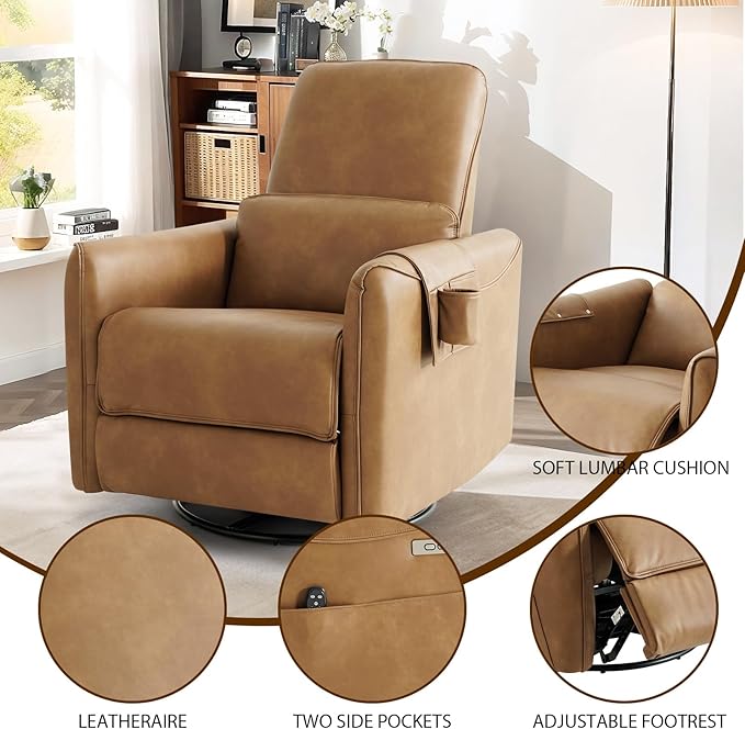 Swivel Glider Rocking Recliner, Power Recliner Chairs with Massage & Lumbar Support, Upholstered Faux Leather Reclining Sofa Chair for Living Room & Nursery (Brown)