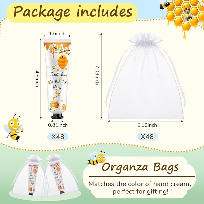48 Sets Baby Shower Hand Cream Bulk Bee Honey Baby Shower Favors Bridal Thank You Hand Cream for Guests Travel Size Lotion with Organza Bags